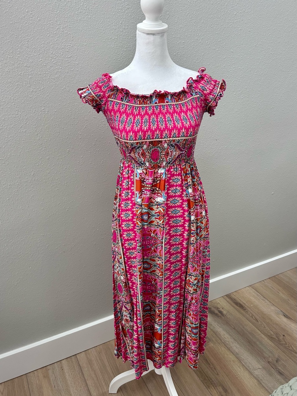 Boho Off-Shoulder Pink Printed Maxi Dress
